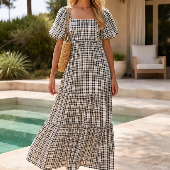 Faithfull The Brand 100% Cotton Plaid Smocked Maxi Dress Cottagecore S - Picture 13 of 13